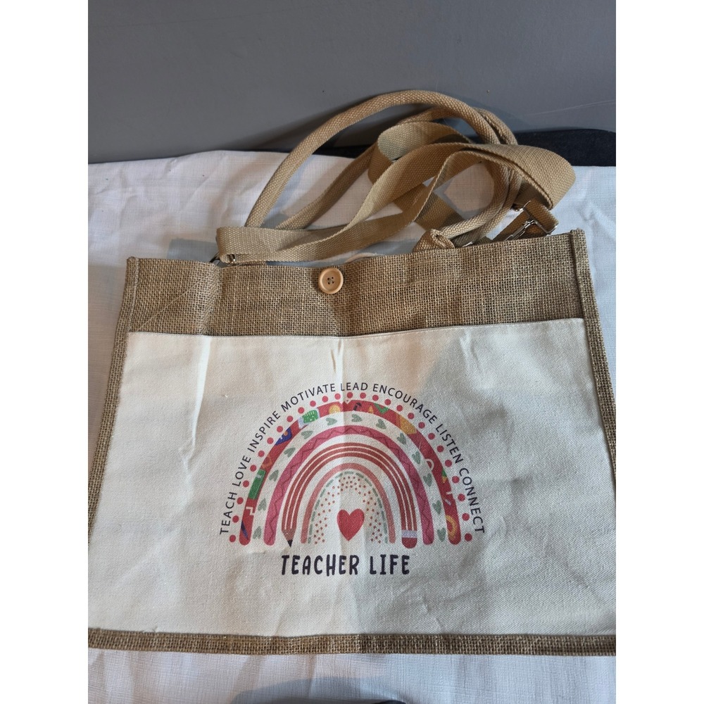 Teacher Life Burlap Tote Bag Rainbow Crossbody Strap Canvas Pocket Tan